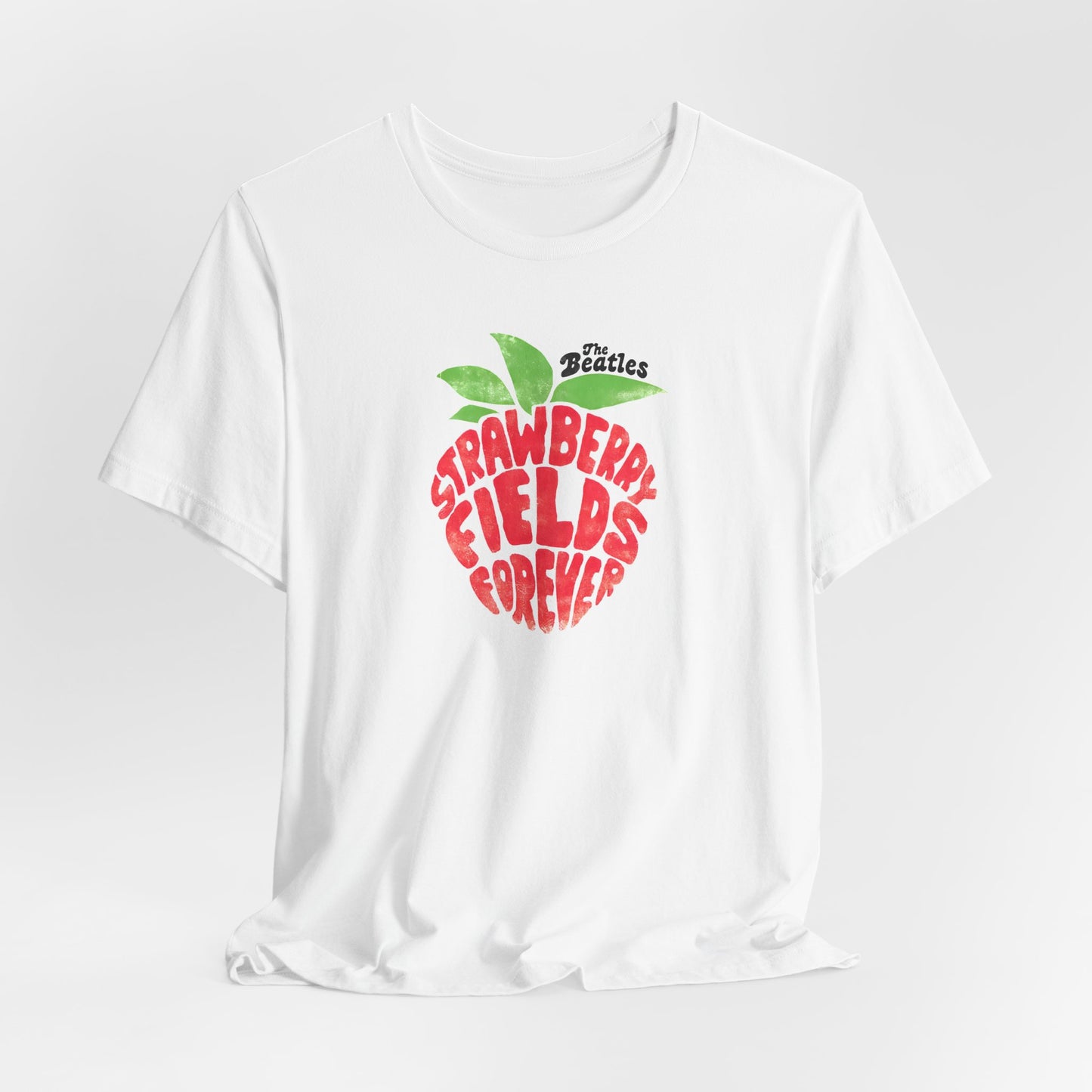 The Beatles White t-shirt with 'Strawberry Fields Forever' design on a white background