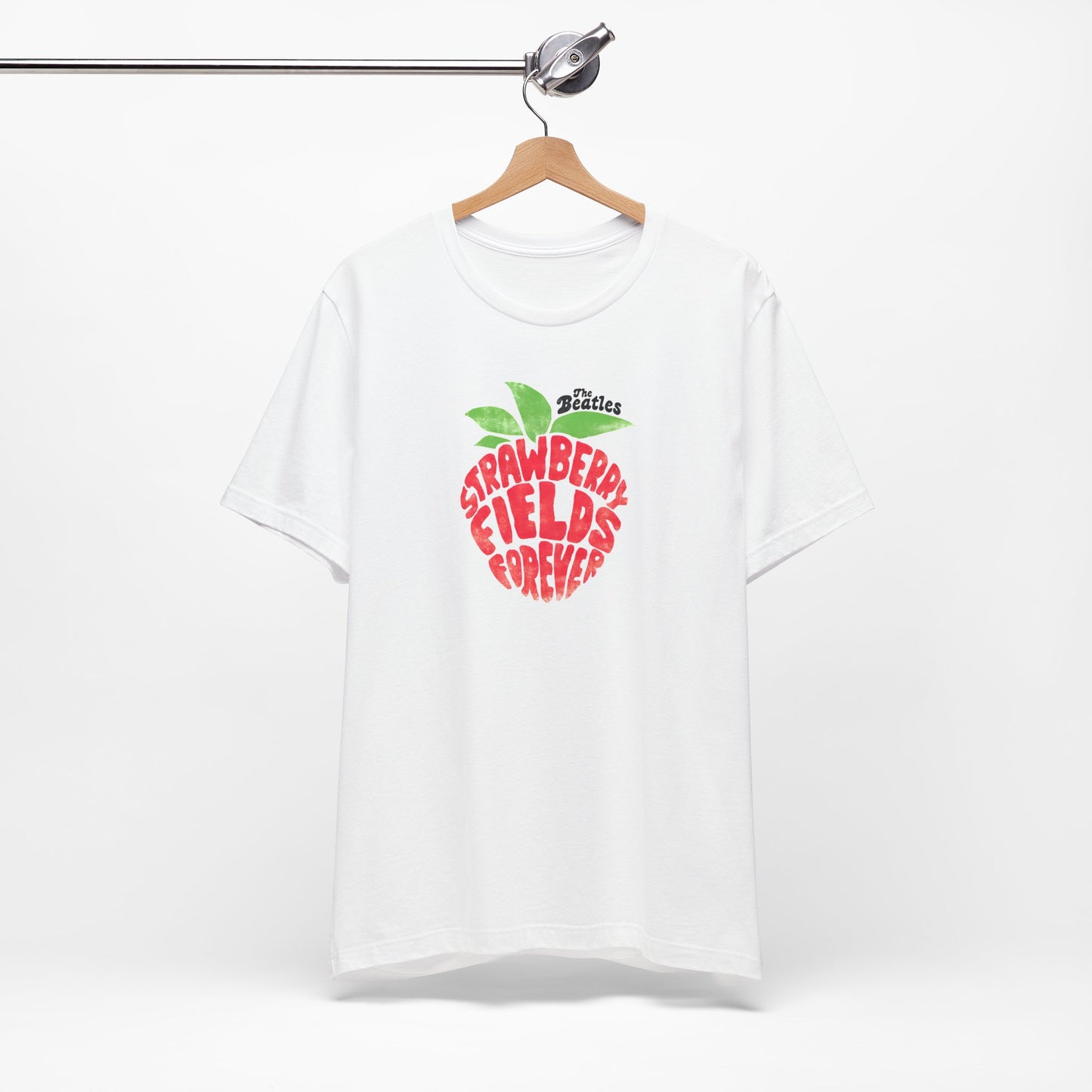 The Beatles White t-shirt with 'Strawberry Fields Forever' design on a white background