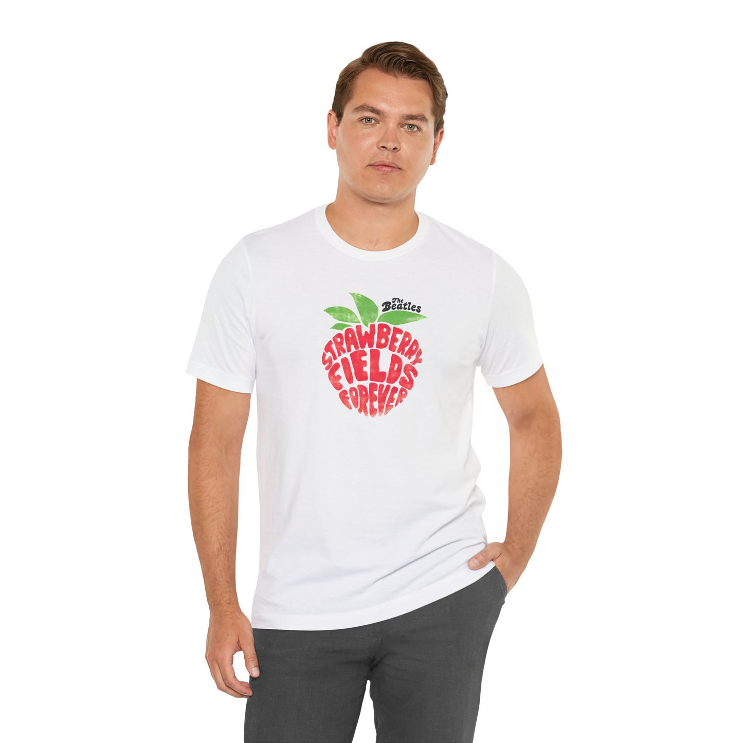 The Beatles White t-shirt with 'Strawberry Fields Forever' design on a white background