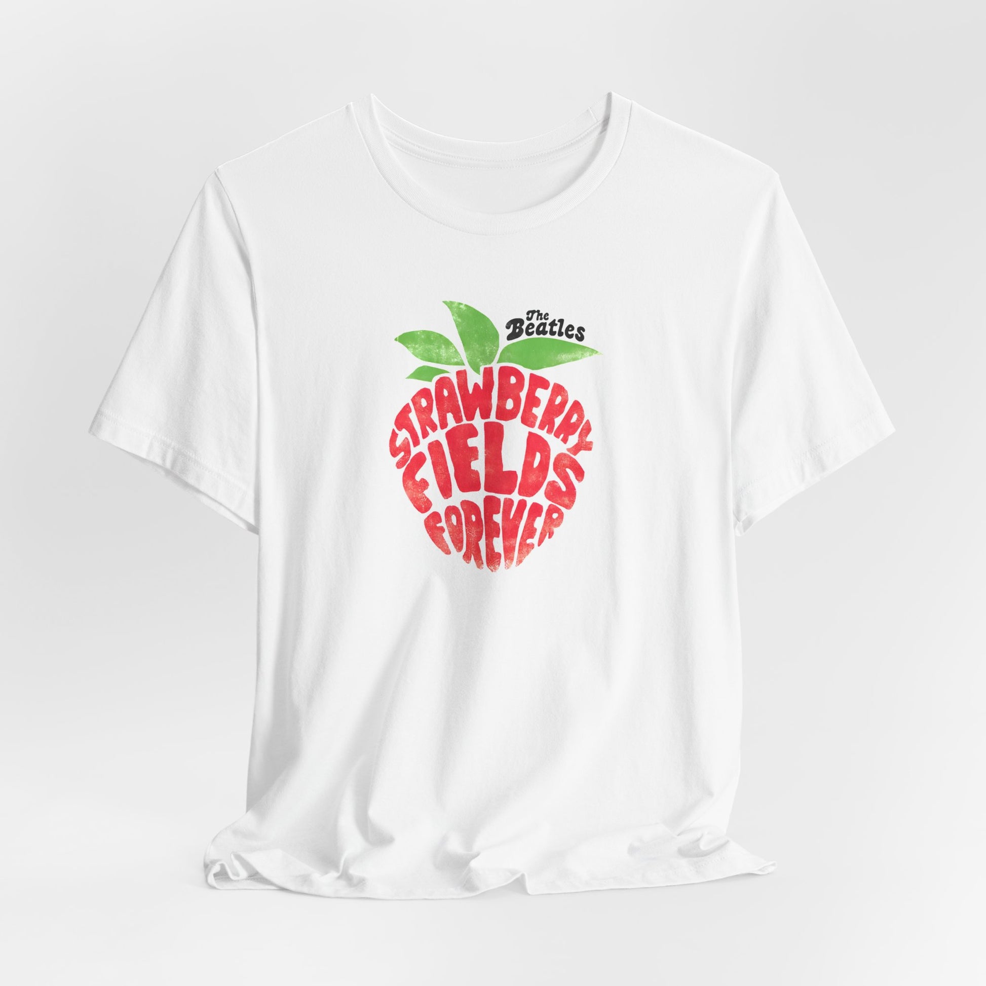 The Beatles White t-shirt with 'Strawberry Fields Forever' design on a white background