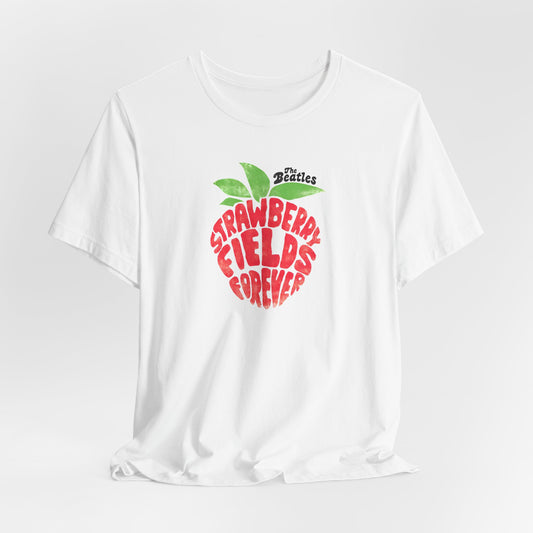 The Beatles White t-shirt with 'Strawberry Fields Forever' design on a white background