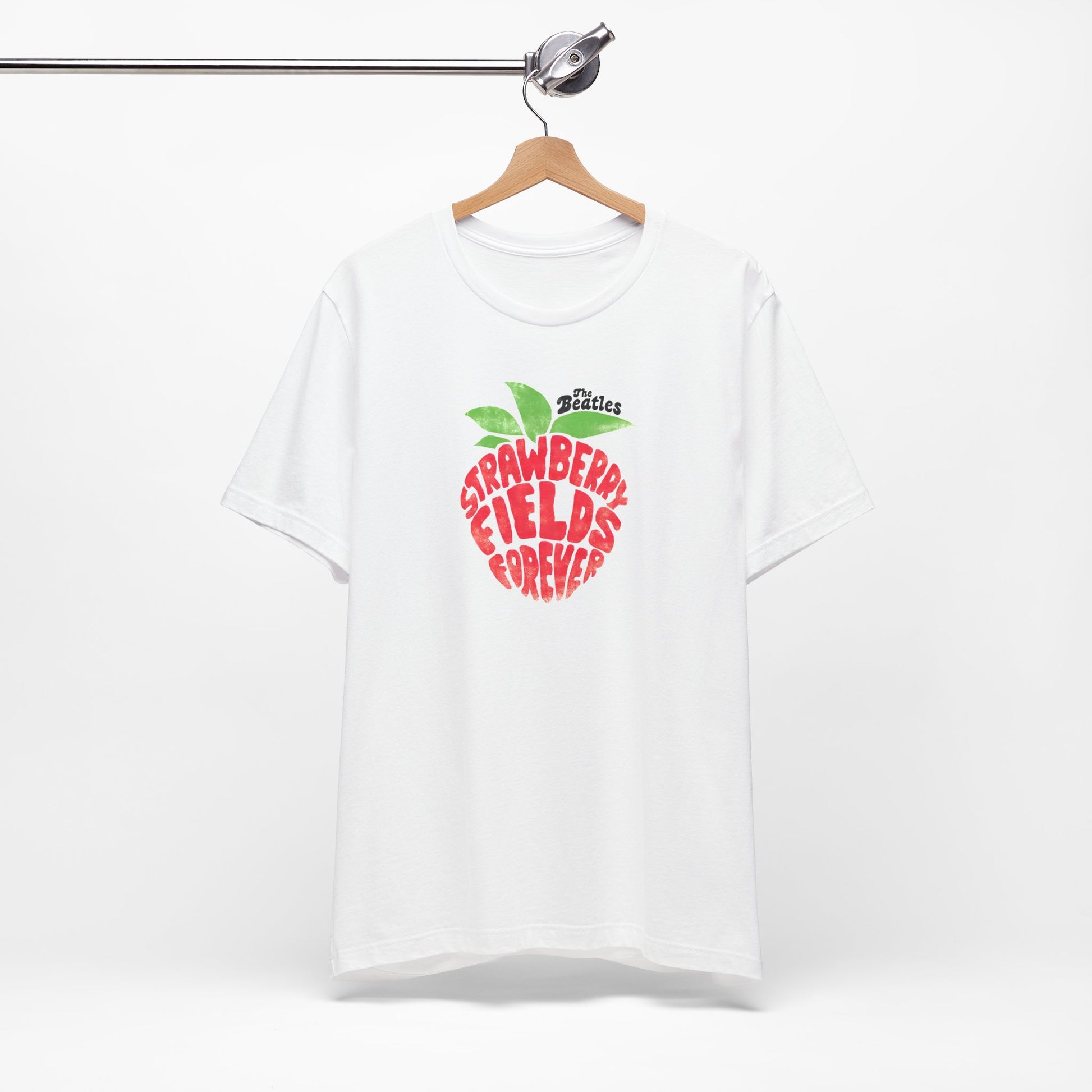 The Beatles White t-shirt with 'Strawberry Fields Forever' design on a white background