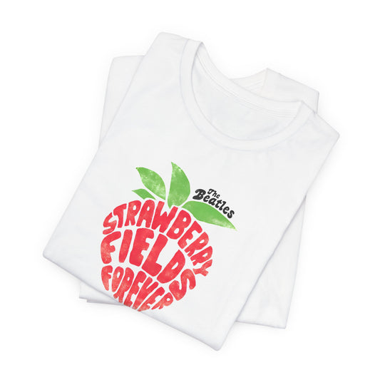 The Beatles White t-shirt with 'Strawberry Fields Forever' design on a white background